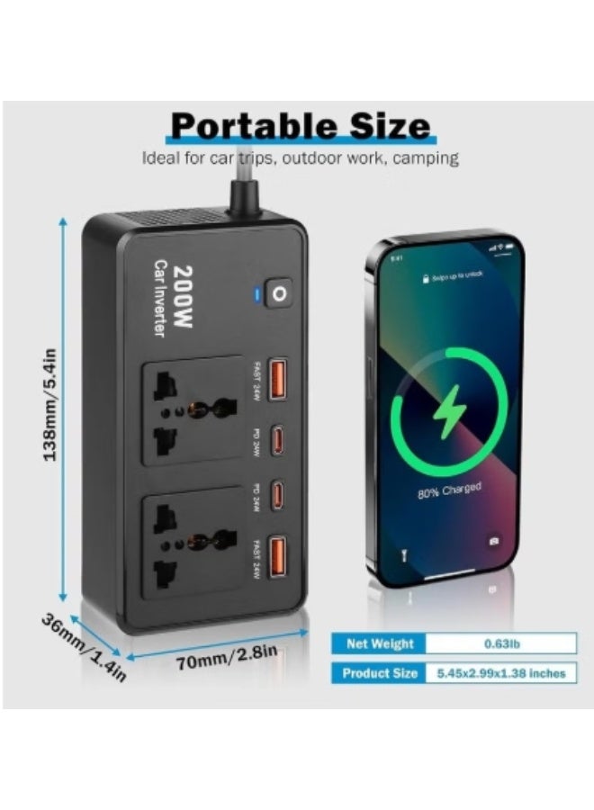 200W Car Inverter 12V DC to 220V AC Power Adapter – Includes 2 USB-A & 2 Type-C Ports for Laptop, Computer, Smartphones – Compact and Portable Power Converter for Car Travel, Home & Office - Image 5